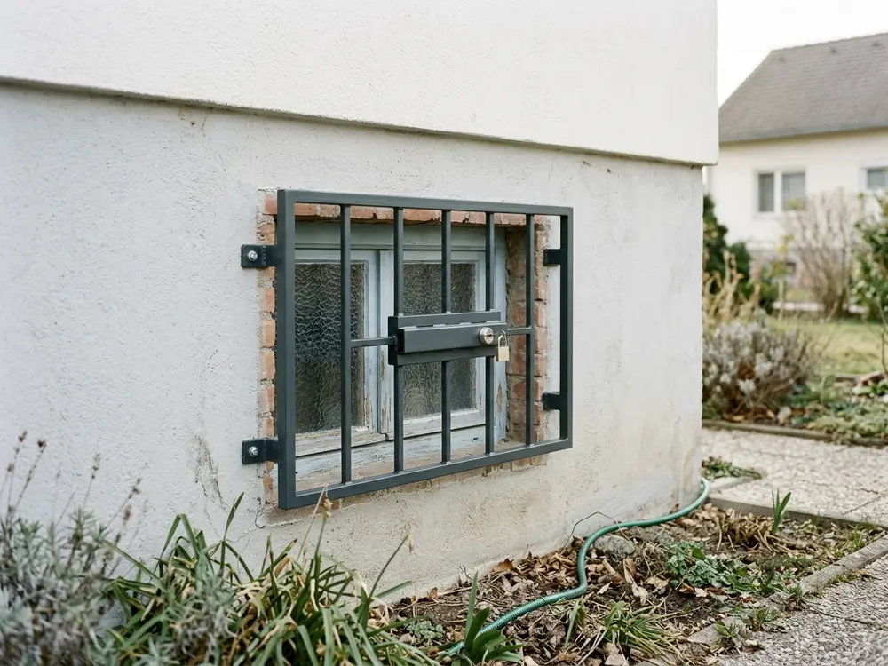 Kleines Kellerfenster mit neu montiertem, abschließbarem Sicherungsbügel an der Hauswand