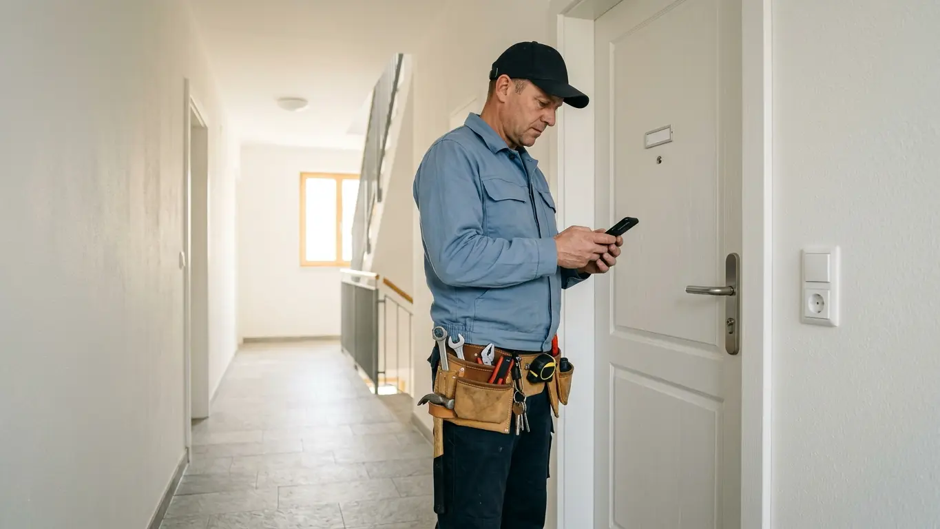 Schlosser in Arbeitskappe blickt im hellen Flur neben einer weißen Tür aufs Smartphone