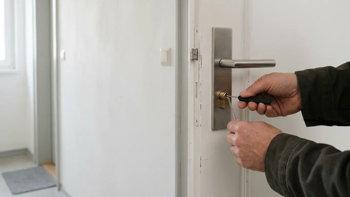 Hand eines Schlüsseldienst-Technikers mit dünnem Öffnungswerkzeug am Messingzylinder einer weißen Wohnungstür