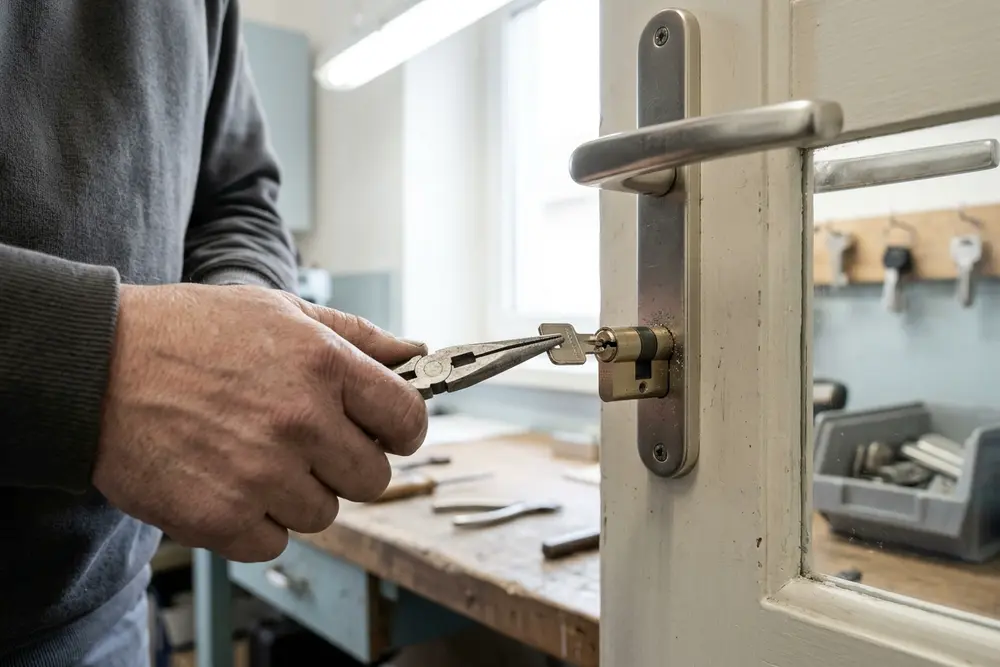 Abgebrochenes Schlüsselstück wird mit einer feinen Zange aus dem Zylinder gezogen