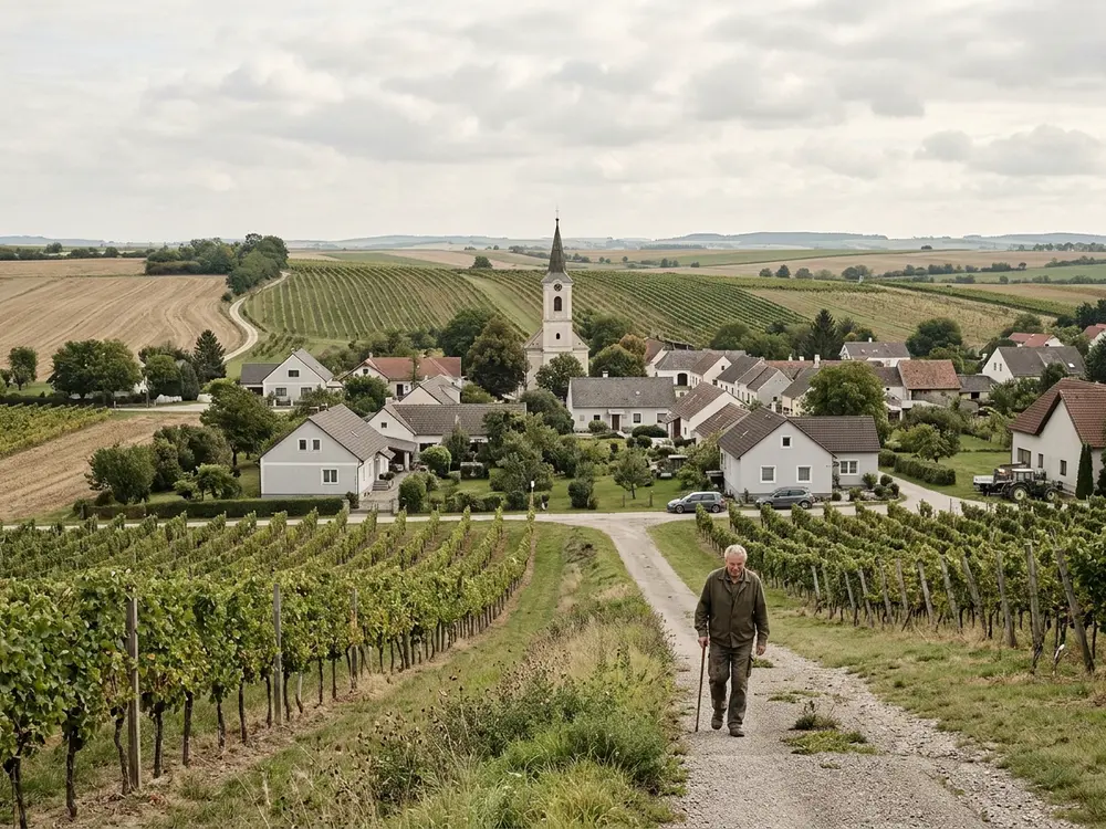 Ruhige Weinviertler Landschaft mit Kirchturm einer Kleinstadt zwischen Weingärten und Feldern