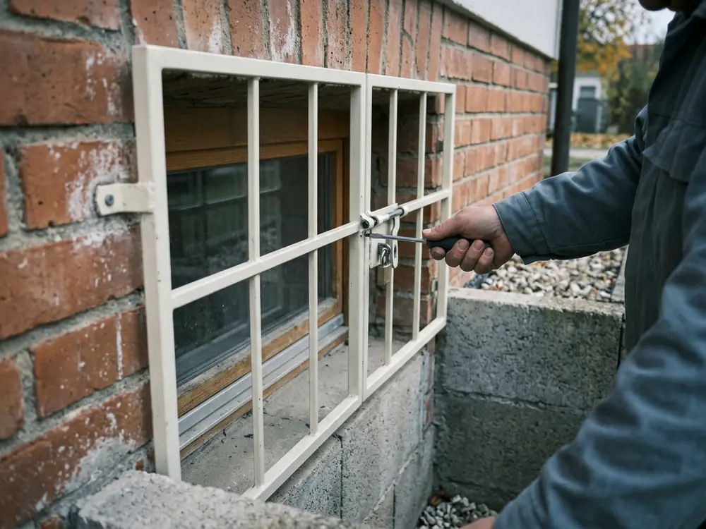 Kellerfenster mit Metallsicherung, die ein Techniker mit dem Schraubendreher montiert