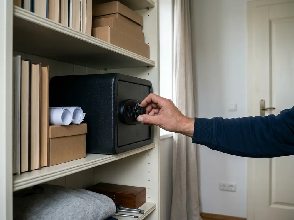 Hand am Drehrad eines kleinen schwarzen Haustresors im Regal