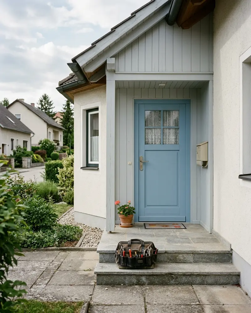 Eingang eines österreichischen Einfamilienhauses mit geschlossener Haustür und Werkzeugtasche auf der Stufe