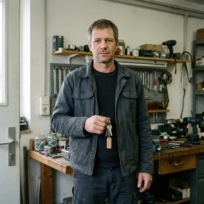Thomas Reiter, Schlüsseldienst-Techniker, mit Schlüsselbund in der Werkstatt