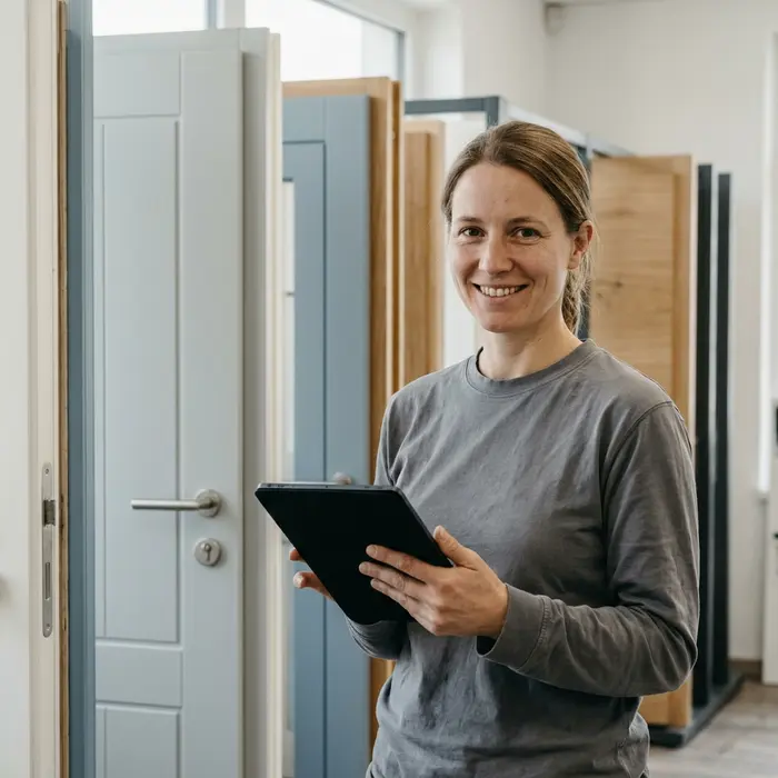 Sabine Hofbauer, Sicherheitsberaterin, mit Tablet vor Türmustern
