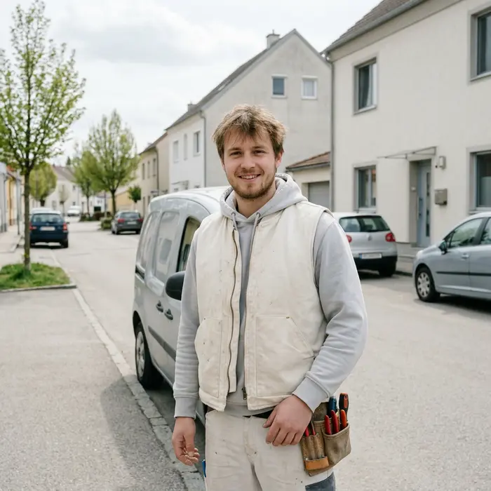 Daniel Pichler, Schlüsselservice, in Arbeitsweste neben dem Einsatzfahrzeug
